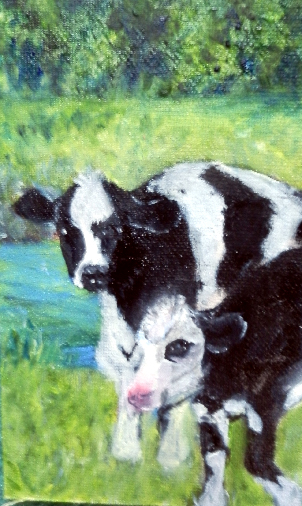 two cows mini painting by artist DJ Geribo